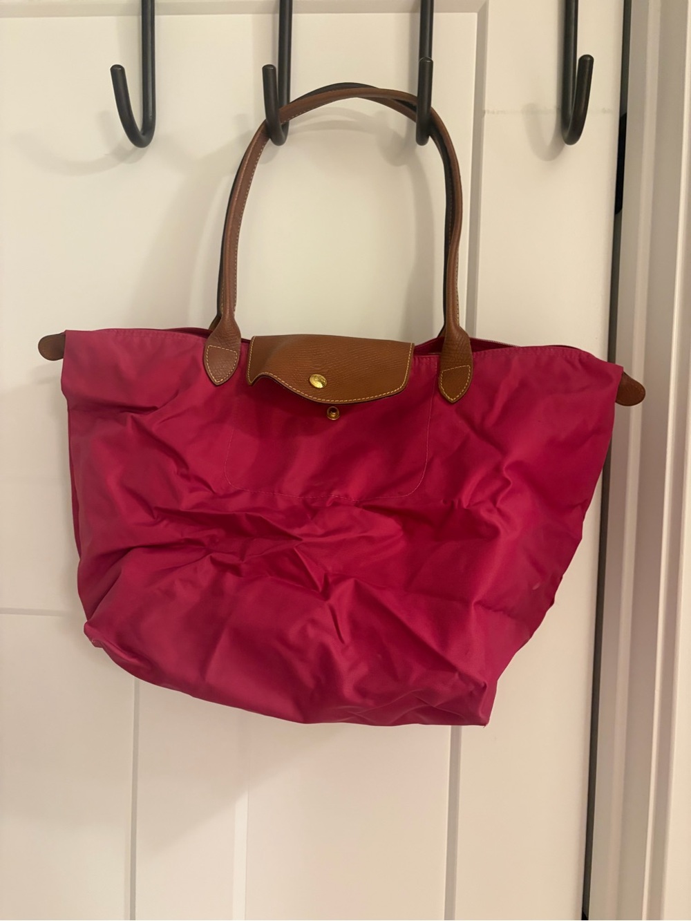 Longchamp Pink Nylon Tote with Brown Leather Trim
